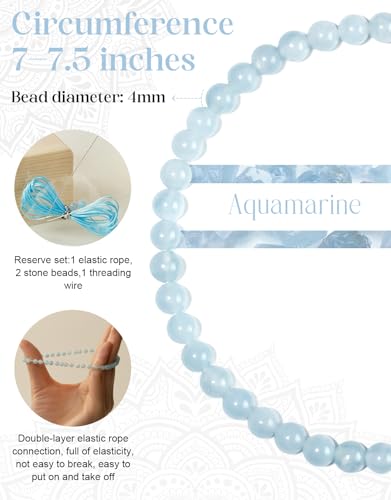 Natural Stone Beaded Bracelets for Men Women, 4mm 6mm 8mm | Healing Crystal, Protection Gemstone, Gift Packaging with Energy Card, Stretch Jewelry, Replacement Beads Included, 18 Stone - color: Aquamarine(Emotional Balance), size: 4mm