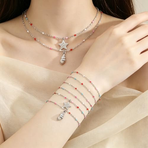 6 PCS Enamel Beaded Chains Bracelet Stainless Steel Link Bracelets | 6.7"+1.18", With Extender Chain, Fashion Jewelry Set, Gift For Women, Colorful, No Fade - color: Mixcolor Silver