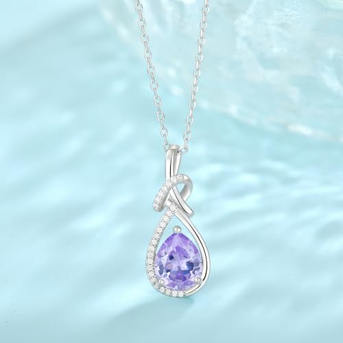 Infinity Teardrop Necklace Silver Tone Pendant Birthstone Jewelry for Women - color: Light Lavender