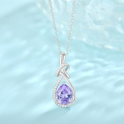 Infinity Teardrop Necklace Silver Tone Pendant Birthstone Jewelry for Women - color: Light Lavender