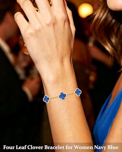 Four Leaf Clover Bracelet for Women 18K Gold Plated Stainless Steel 4 Leaf Link Chain Adjustable Bracelets Lucky Gift for Women/White/Black/Rich Red/Emerald Green/ Navy Blue/Pink Bracelets - color: Blue/Gold