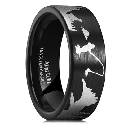 King Will Mens 6mm 8mm Tungsten Carbide Wedding Bands Inlay Lasered Brushed Wedding Rings for Men Women | Brushed, Lasered Seagull/Forest Landscap/Panda/Deer/Hunting/Fly Fishing, Comfort Fit, Everyday Wear - color: Fly Fishing