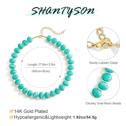 Colorful Chunky Beaded Necklaces for Women Multicolor Large Round Resin Beads Collar Necklace Boho Trendy Statement Chokers Y2K Summer Beach Jewelry - color: Aqua Teal-Oval
