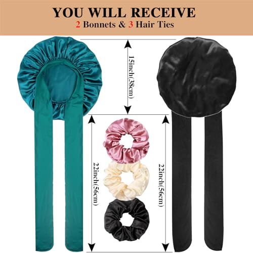 2+3 Large Satin Bonnets with Scrunchies for Women, Hair Bonnet Sleeping Tie Bonnet for Braids Curly Hair - color: B - Black, Teal