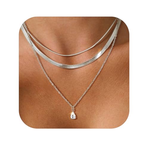Layered Necklaces for Women,14k Gold Plated Dainty Necklace Stack Set Non Tarnish Adjustable Silver Stainless Steel CZ Heart Circle Pendant Paperclip Choker Herringbone Snake Chain Jewelry - style: CZ Layered Necklace-Silver