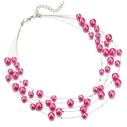 FULU AUTUMN Layered Pearl Necklace Multi-strand Pearl Choker Necklaces for Women Beaded jewelry for Wedding Parties - color: Hot pink
