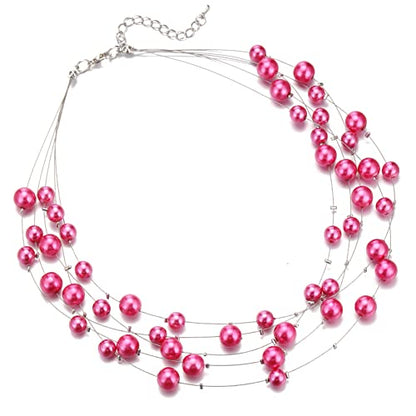 FULU AUTUMN Layered Pearl Necklace Multi-strand Pearl Choker Necklaces for Women Beaded jewelry for Wedding Parties - color: Hot pink