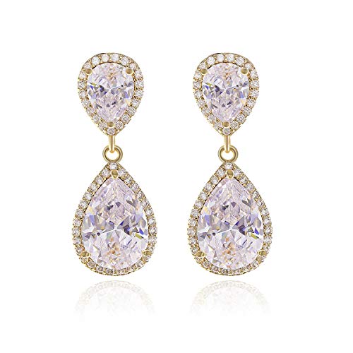 Teardrop Dangle Earrings for Wedding - Sparkly Sterling Silver Cubic Zirconia Crystal Rhinestone Drop Earrings Pierced Austrian Style Hypoallergenic Earrings Womens Bridal Jewelry - style: PJ double teardrop earrings gold