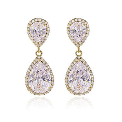 Teardrop Dangle Earrings for Wedding - Sparkly Sterling Silver Cubic Zirconia Crystal Rhinestone Drop Earrings Pierced Austrian Style Hypoallergenic Earrings Womens Bridal Jewelry - style: PJ double teardrop earrings gold