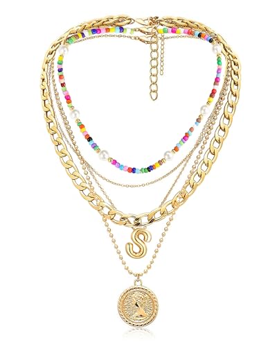 MJartoria Layered Necklaces for Women Trendy Balloon Initial Pendant Necklace Dainty Chunky Chain Beaded Choker Necklaces Jewelry Birthday Gifts - color: Gold, style: S