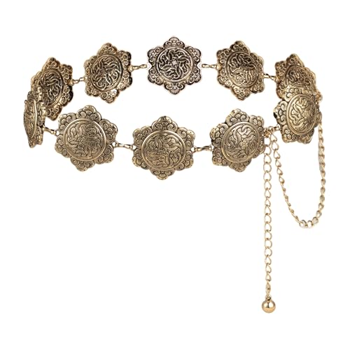 ILuvatar Western Metal Concho Belt for Women Cowgirl Waist Chain for Women Dress Pants Adjustable - color: Gold-t49