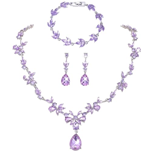 Kamirola Bridal Jewelry Set, Jewelry Set for Women, Necklace Dangle Earrings Bracelet Set, White Gold Plated (TR76) - color: Silver Purple
