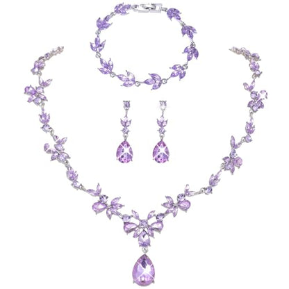Kamirola Bridal Jewelry Set, Jewelry Set for Women, Necklace Dangle Earrings Bracelet Set, White Gold Plated (TR76) - color: Silver Purple