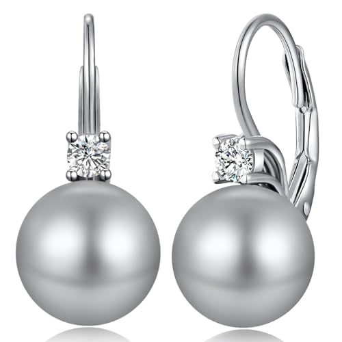925 Sterling Silver Pearl Leverback Earrings for Women Cubic Zirconia Pearl Jewelry 10MM - color: A: Leverback-Light Gray