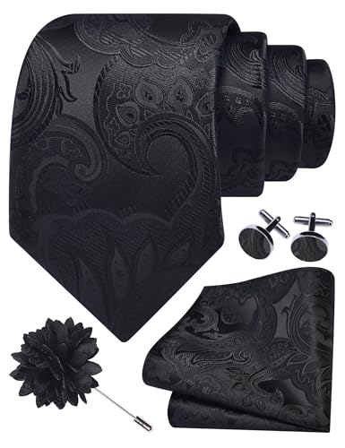 GUSLESON Paisley Tie Set for Men 3.15" Necktie Lapel Pin Hankerchief Cufflinks Set for Men - color: Black