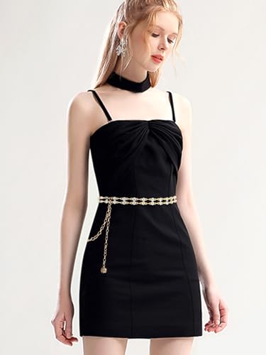 Women Rhinestone Crystal Waist Belts for Dress Adjustable Ladies Metal Chain Belts - size: 135CM/53.1IN, style: Gold-B