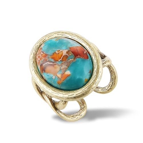 HZMAN Natural Turquoise Open Ring, Vintage Palace Style Adjustable Antique Brass Chunky Statement Ring, Handmade Jewelry for Women - color: Natural Turquoise