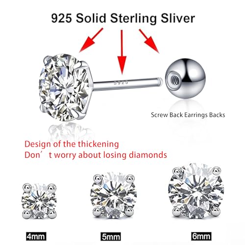 925 Sterling Silver Earrings, Cubic Zirconia Stud Earrings, Diamond Stud Earrings for Women - color: Sterling Silver Screw Back Earrings - 4mm 5mm 6mm