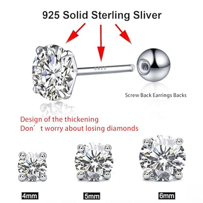 925 Sterling Silver Earrings, Cubic Zirconia Stud Earrings, Diamond Stud Earrings for Women - color: Sterling Silver Screw Back Earrings - 4mm 5mm 6mm