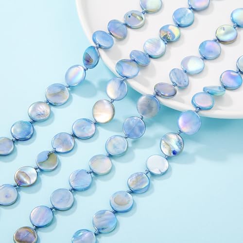 Firstmeet Flat Round Coin Shell Beads Long Knotted Necklace Natural Mother of Pearl Handmade Jewelry For Women - color: S-Blue AB