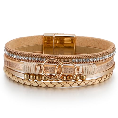 Leopard Bracelet for Women, Boho Leather Wrap Multi-Layer Pearl Crystal Bracelet Bangle Jewelry - color: Double Circle(Khaki)