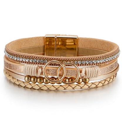 Leopard Bracelet for Women, Boho Leather Wrap Multi-Layer Pearl Crystal Bracelet Bangle Jewelry - color: Double Circle(Khaki)