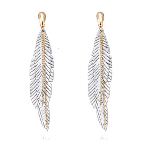 NVENF Feather Tassel Dangle Earrings for Women Bohemian Faux Leather Plume Gold-tone Metal Chain Fringe Statement Drop Earrings Vintage Ethnic Style Jewelry - color: Silver