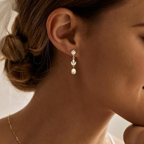 Pearl Earrings for Women Trendy, 14k Gold Plated Freshwater CZ Leaf Pearl Dangle Drop Gold Earrings Lightweight Hypoallergenic Stud Earring Bridesmaid Wedding Gold Jewelry for Women Gifts - style: gold pearl earrings
