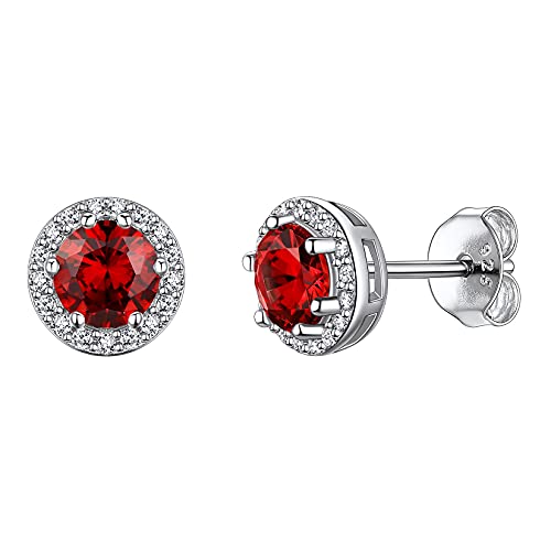 Suplight 925 Sterling Silver Birthstone Stud Earrings for Women, Round/Heart/Teardrop/Square Crystal Diamond Earrings for Women, Dainty Birthday Gifts Jewelry - color: style a-01. round-January (Created Garnet)