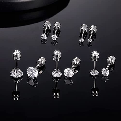5 Pairs Titanium Screw Back Stud Earrings Set for Sensitive Ears, Hypoallergenic Surgical Stainless Steel Double Sided Round Cubic Zirconia Earrings for Women Men - color: 5pcs silver stud set