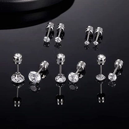 5 Pairs Titanium Screw Back Stud Earrings Set for Sensitive Ears, Hypoallergenic Surgical Stainless Steel Double Sided Round Cubic Zirconia Earrings for Women Men - color: 5pcs silver stud set