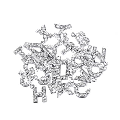 MECCANIXITY Alphabet A-Z Letter Charm Jewelry Rhinestones Initial Pendant for Jewelry Making, Bracelet, Craft, Pack of 26, Silver