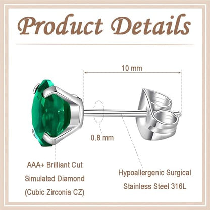 12 Pairs Stud Earrings Set, Hypoallergenic Surgical Stainless Steel 316L Earring for Women Men, Small Earring Studs Pack with Cubic Zirconia - color: Green-6 Sizes-3，4，5，6，7，8