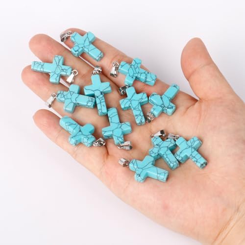 12PCS Natural Stone Cross Pendant Gemstone Charms Bulk for Jewelry Making | Healing Crystal Quartz Chakra Reiki Gemstone Pendants Charms Bulk for Necklace Craft - color: Turquoise Cross(Synthetic)