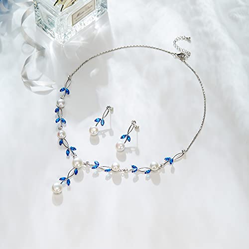 EVER FAITH Cubic Zirconia Pearl Leaf Vine Wedding Jewelry Set for Bride | Crystal Filigree Bridal Necklace Earrings, for Women Bridesmaid - color: 2pcs_Sky Blue Silver-Plated-Brass