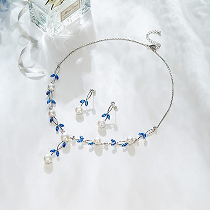 EVER FAITH Cubic Zirconia Pearl Leaf Vine Wedding Jewelry Set for Bride | Crystal Filigree Bridal Necklace Earrings, for Women Bridesmaid - color: 2pcs_Sky Blue Silver-Plated-Brass