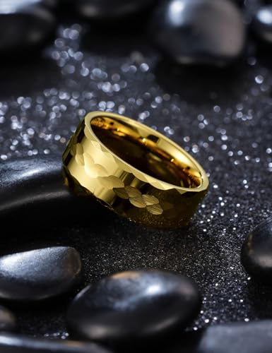 King Will Hammered 8mm Silver Tungsten Ring Hammer Men Wedding Band Comfort Fit - color: Multi-Faceted Gold