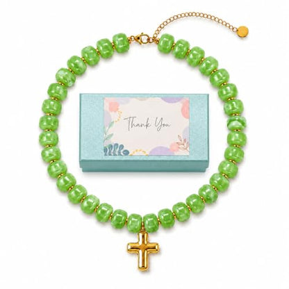 Colorful Resin Chunky Beaded Necklace for Women Modern Statement Choker Necklace with Gold Tone Cross Pendant Boho Summer Jewelry Gift - color: Sage Green-1