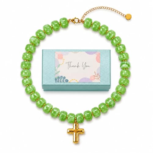 Colorful Resin Chunky Beaded Necklace for Women Modern Statement Choker Necklace with Gold Tone Cross Pendant Boho Summer Jewelry Gift - color: Sage Green-1