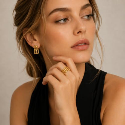 Gold Open Ring Stainless Steel Geometric Wide Band Adjustable Statement Ring for Women Daily Party Jewelry - color: B0104-Golden
