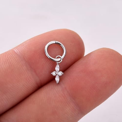 Ourania 16G Gold Stainless Steel Zircon Dangle Huggie Hoop Rook Piercing Helix Hoop Earring Tragus Hoop Cartilage Piercing for Women - color: Flower Silver 2PCS, size: 1.2*6mm 2pcs