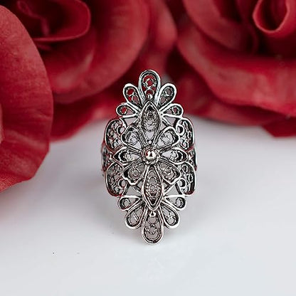 Filigranist 925 Sterling Silver Artisan Made Handcrafted Lace Embroidery Filigree Art Women Cocktail Statement Ring - style: Long
