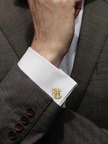 FindChic Stainless Steel Round Cufflinks with Custom Text/Picture/Monogram Letters 18K Gold Plated/Black Color for Men Groom Suits Shirts, with Gift Box - style: 03. custom 3 letters (gold plated)