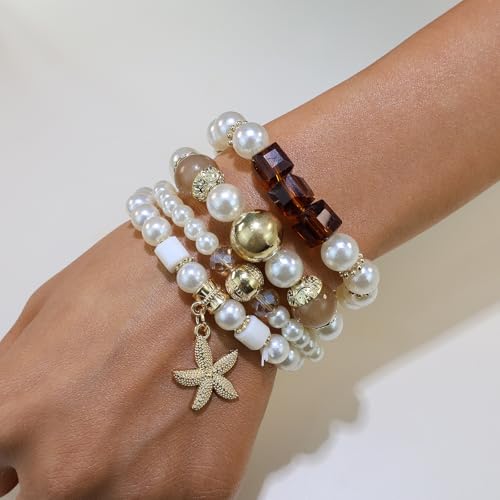 Bohemian Pearl Bracelet Set, 4 Piece Elastic Stretch Beaded Wrist Chain with Starfish Pendant, Boho Faux Pearl Multi-Color Stackable Bracelets for Women - color: Brown