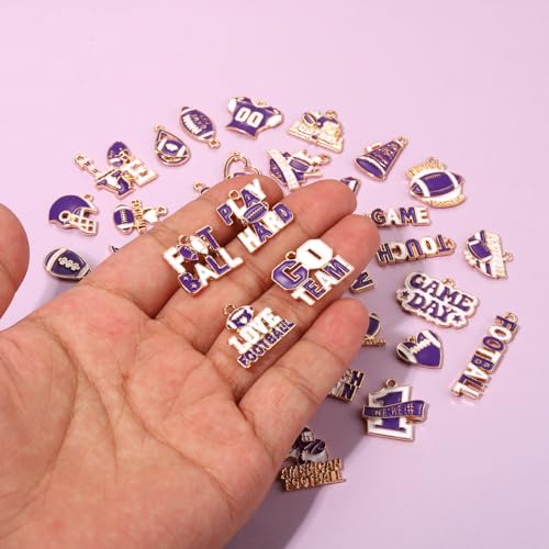 40PCS Game Day Charms for Bracelet Making Enamel Football Charms for Bracelet Necklace Earrings Jewelry Making DIY Football Mom Accessories Gifts - color: Purple White