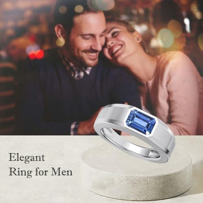1CT - 3CT Gemstone Signet Pinky Ring - Emerald Cut Gem Pinky Ring White Yellow Rose 10K 14K 18K Gold Sterling Silver Mens Gem Signet Rings for Anniversary Fathers Day - style: Sapphire