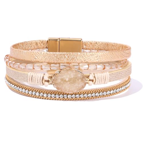 Boho Leather Wrap Bracelets Beaded Stackable Cuff Bracelet Country Concert Outfits Cowboy Cowgirl Western Jewelry Gifts for Women - color: Stone-Gold