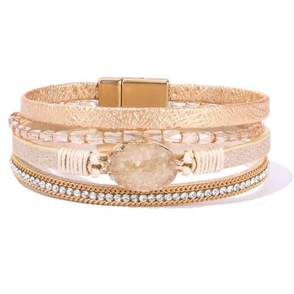 Boho Leather Wrap Bracelets Beaded Stackable Cuff Bracelet Country Concert Outfits Cowboy Cowgirl Western Jewelry Gifts for Women - color: Stone-Gold