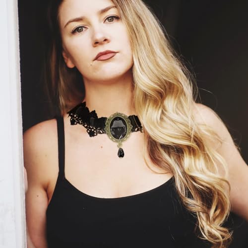 CSIYANJRY99 Gothic Choker Necklace for Women Halloween Red Crystal Vampire Choker Steampunk Lace Choker Witch Costume Accessories - style: Goth