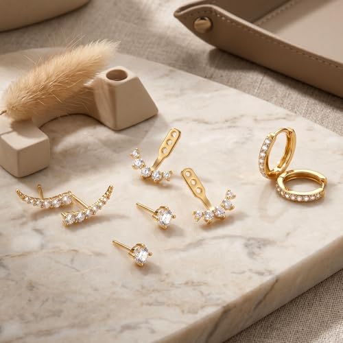 Gelbesty Gold Stud Earrings Set for Women, 3 Pairs Huggie Hoop Jacket Studs Earring Stacks - color: Gold